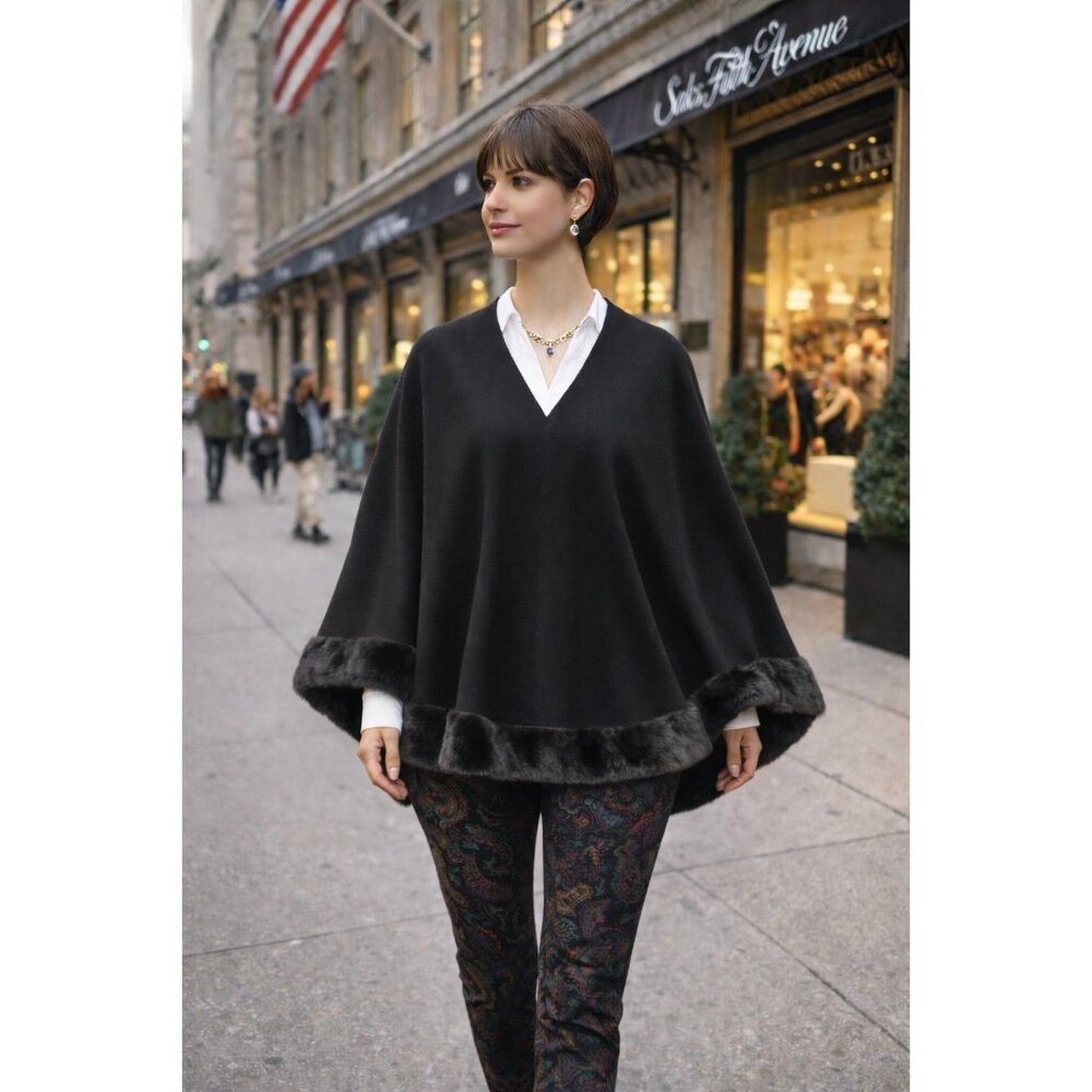Anne Klein Black Knit Poncho Faux Fur Trim V-Neck L/XL NWT